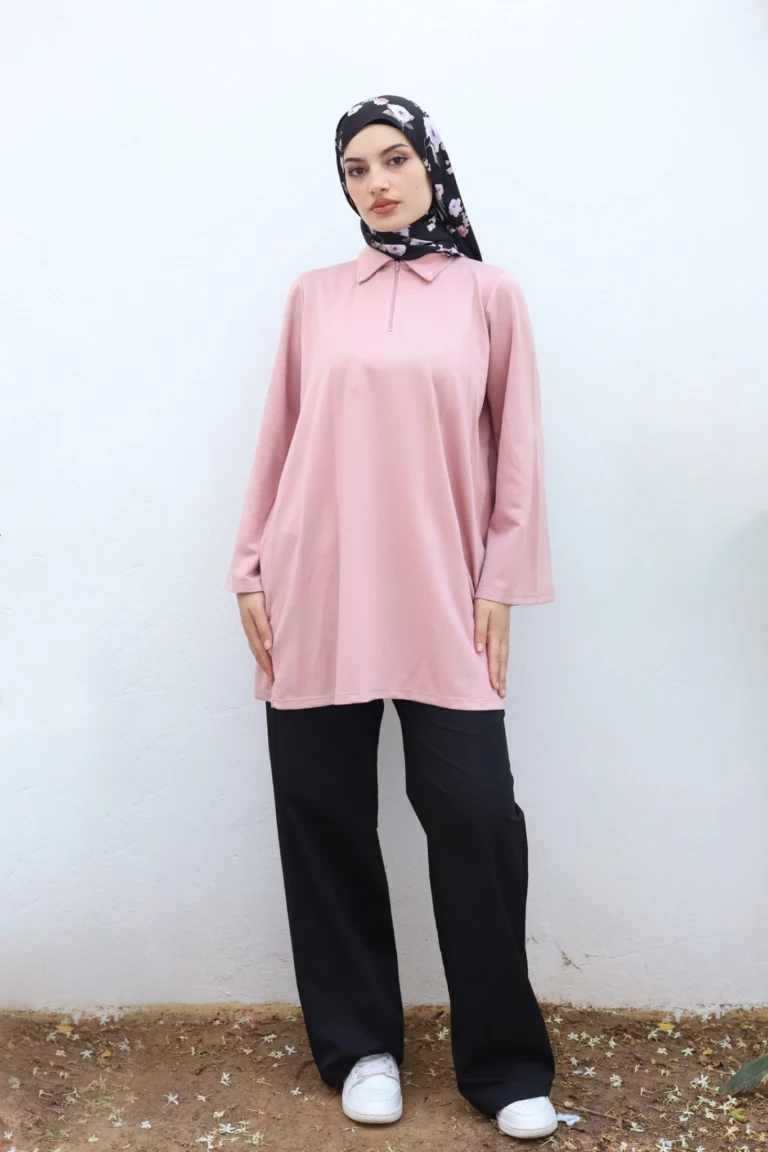 Pull Long Femme Col Chemise avec Zip Rose Maya