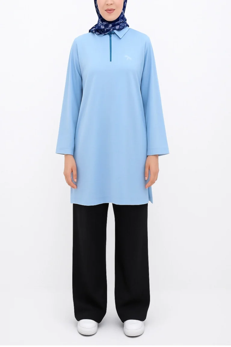 Pull Long Col Chemise avec Zip Bleu MAYA