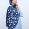 Navy Blue Chiffon Hijab with White Sakura Flowers