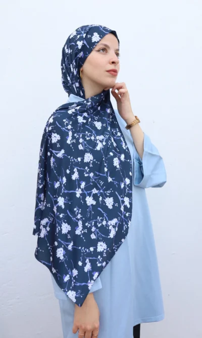 Navy Blue Chiffon Hijab with White Sakura Flowers