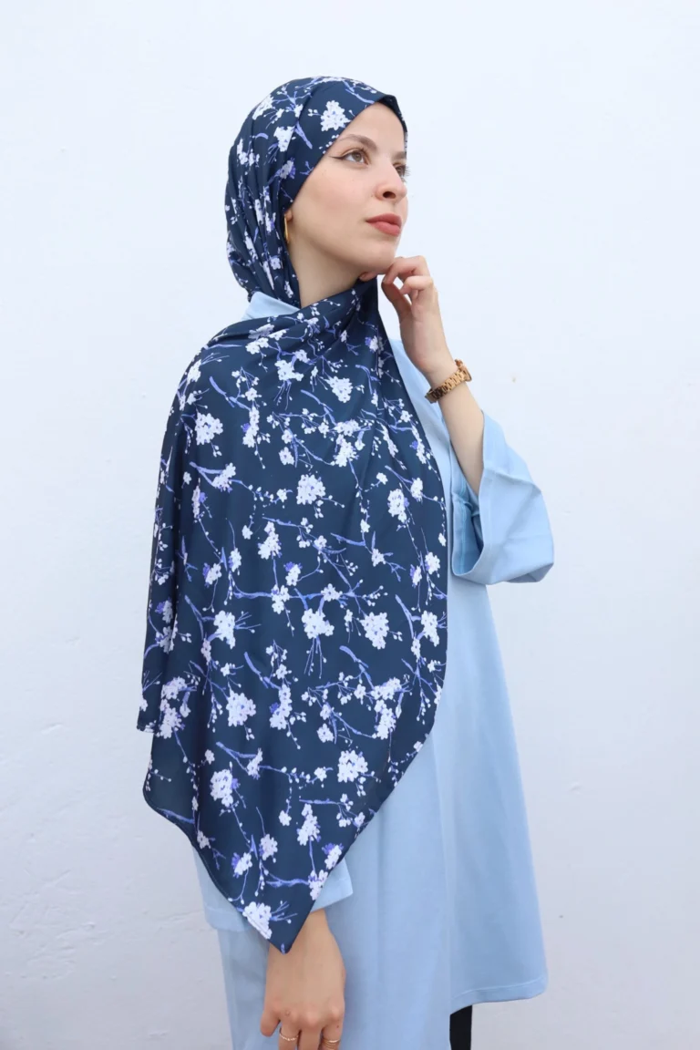 Navy Blue Chiffon Hijab with White Sakura Flowers