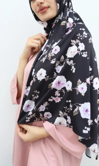 Black Floral Chiffon Hijab Lilac