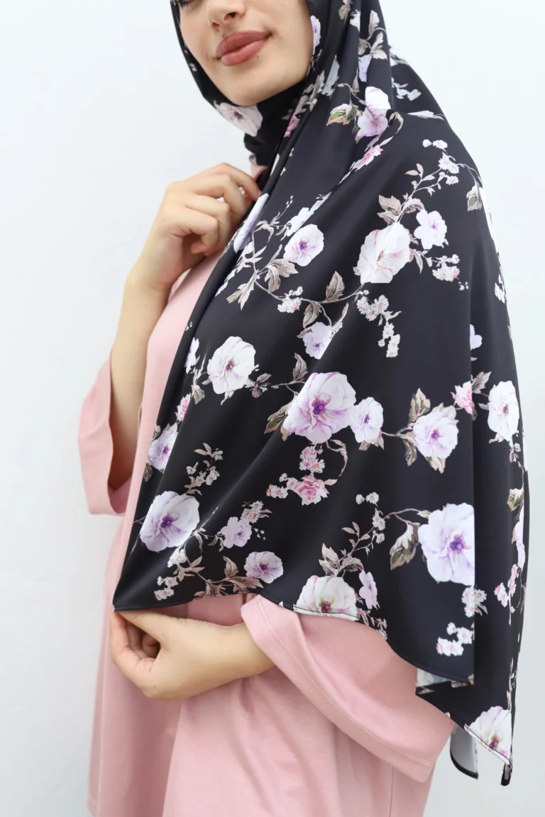 Black Floral Chiffon Hijab Lilac