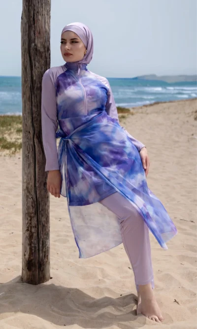 Burkini 4 Pièces Mauve Lilas Femme Maillot de Bain Long et Couvrant Mirage