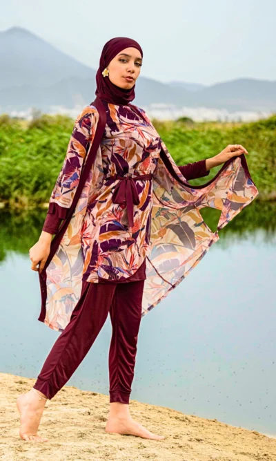 Burkini Chic 4 Pièces avec Tunique Longue Moana Bordeaux