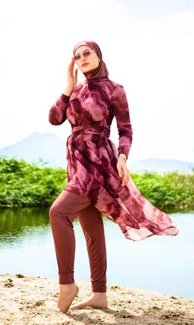 Burkini Mastour Aquarelle Bordeaux Maillot 4 Pièces