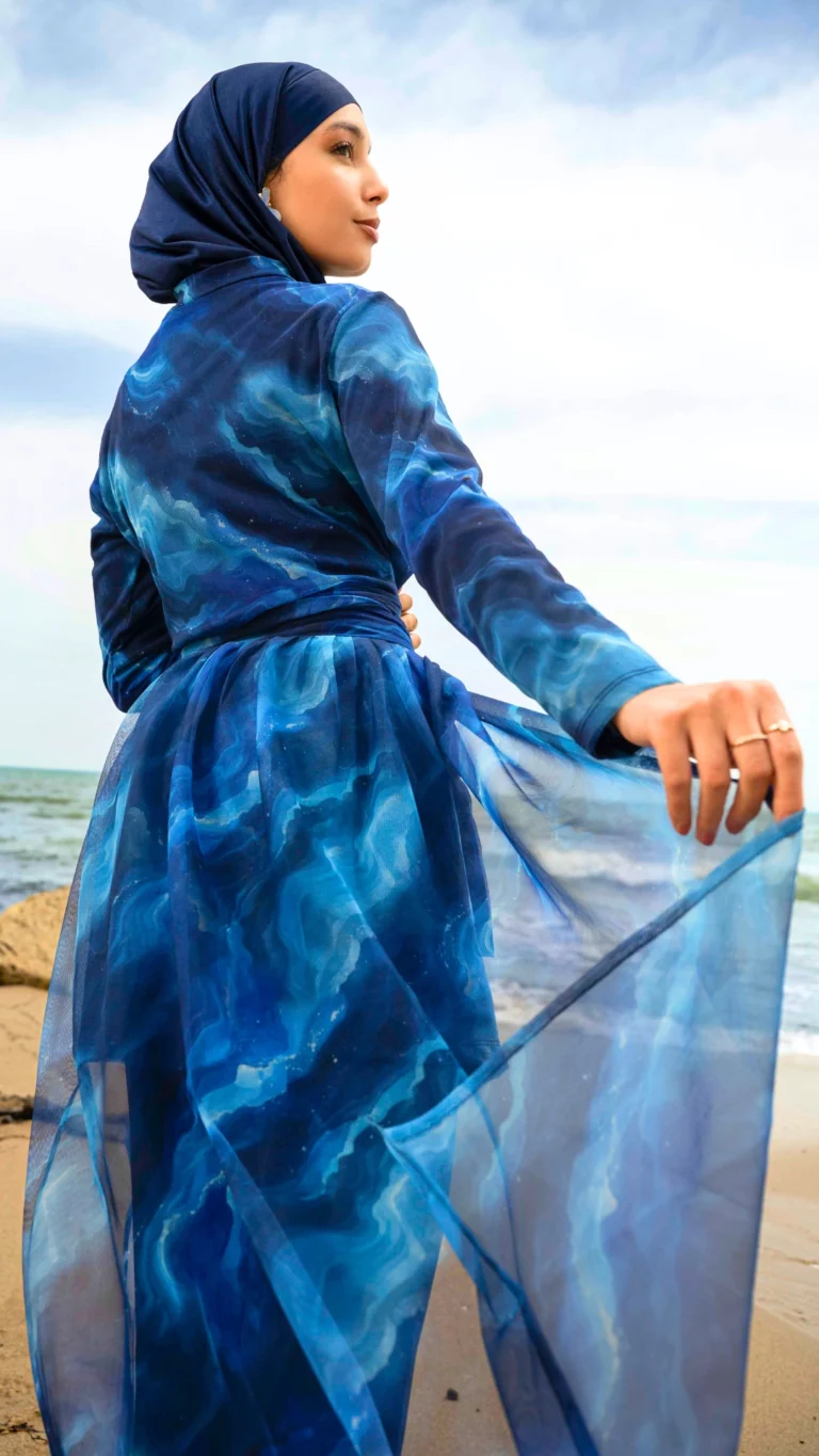 Maillot de Bain Couvrant Aquarelle Bleu Burkini 4 Pièce