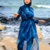Maillot de Bain Couvrant Aquarelle Bleu Burkini 4 Pièces