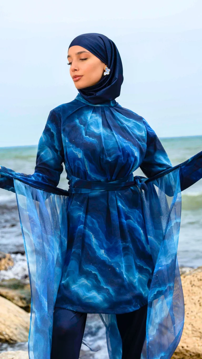 Maillot de Bain Couvrant Aquarelle Bleu Burkini 4 Pièces Tunique