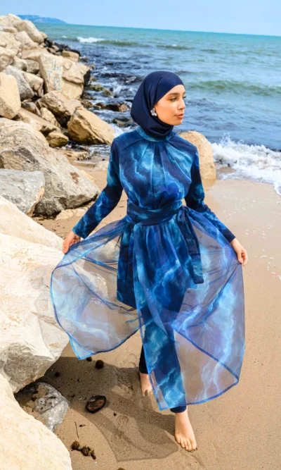 Burkini Moderne Aquarelle Bleu : Maillot de Bain 4 Pièces avec Tunique Légère