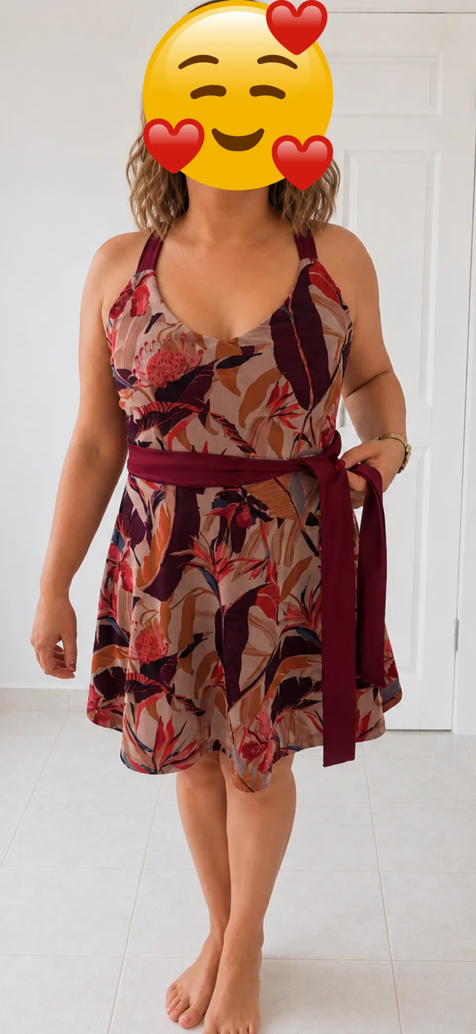 Click to view full screen Bordeaux Swim Dress MOANA – Tropical Print & Built-In Shorts photo review
