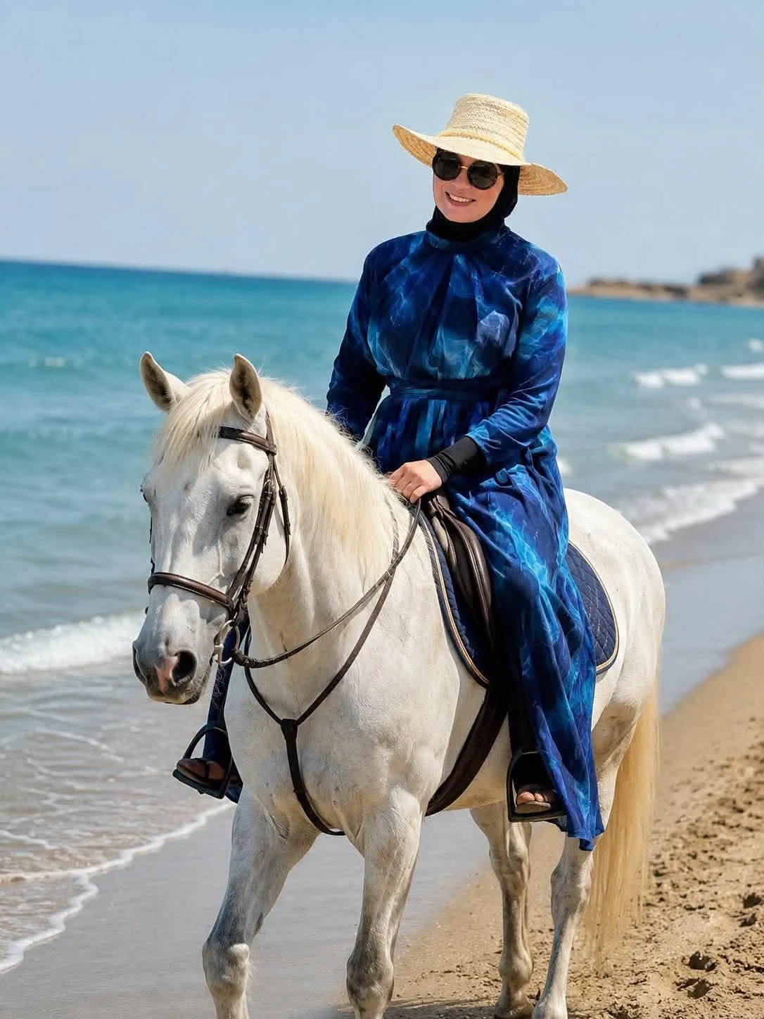 Click to view full screen Burkini Moderne Aquarelle Bleu : Maillot de Bain 4 Pièces avec Tunique Légère photo review