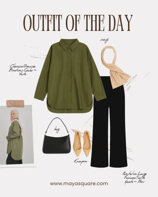 ✨ Outfit of the Day ✨
Un look chic & confortable à prix réduit 🤍
💚 Chemise oversize verte
🖤 Pantalon large taille haute noir
👝 Sac noir minimaliste
👠 Escarpins nude
🧕 Scarf beige
✨ -20% sur les vêtements & foulards ✨
➡️ Profitez-en dès maintenant sur www.mayasquare.com ✨
#OOTD #MayaSquare #LookChic #ModeModeste #OutfitInspiration #HijabFashion #Promo