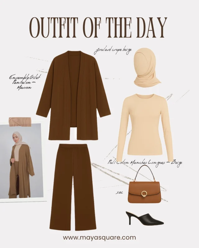 ✨ TENUE DU JOUR ✨
Élégance et confort réunis 💫
Ensemble gilet & pantalon marron 🤎
Pull coton manches longues beige 🤍
Foulard crêpe beige 🧕
Sac tendance & mules chic 👜👠
🔥 -20% PROMO EXCLUSIVE 🔥
Un style sobre, moderne et parfait pour toutes vos occasions ✨
#OOTD #ModestFashion #StyleÉlégant #TenueDuJour #Promo #ChicEtConfort